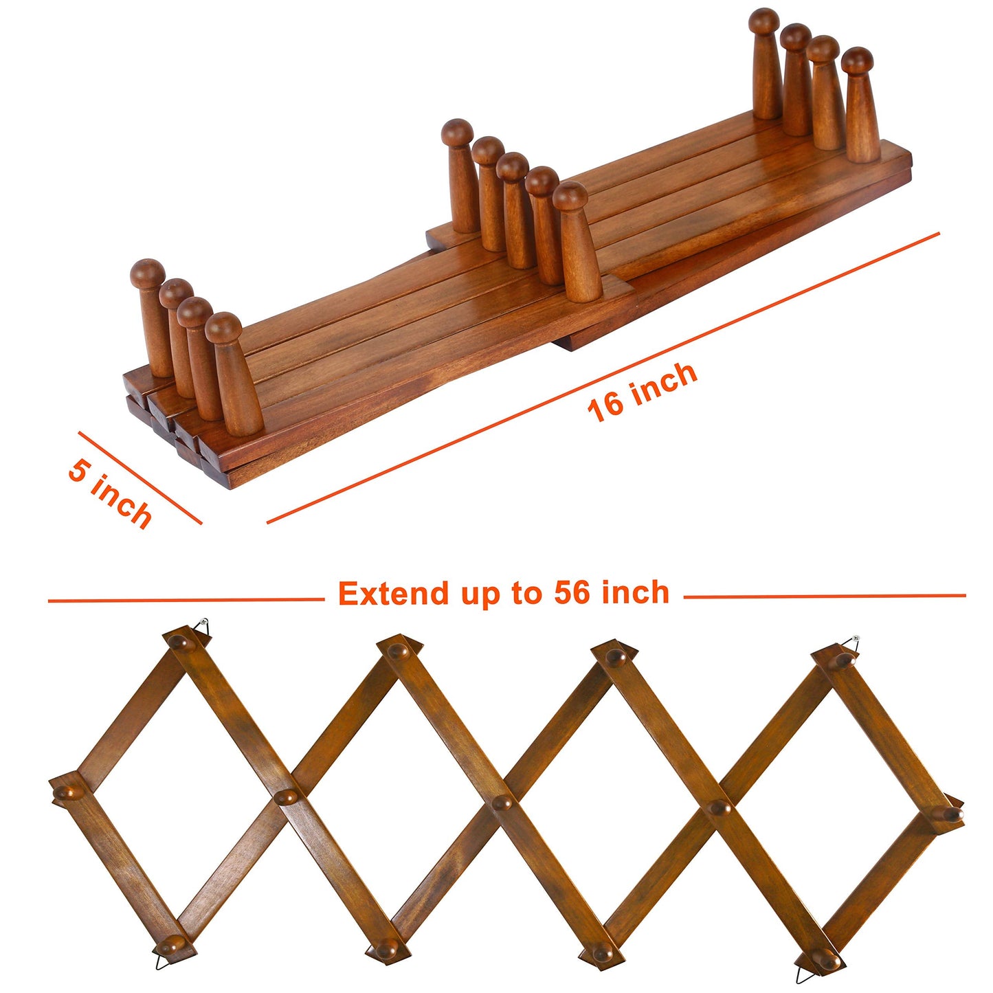 Dseap Accordian Wall Hanger: 16” High Wooden Wall Expandable Coat Rack, Hat Rack Holder, Accordion Hook for Baseball Caps, Coats, Mugs, 13 Peg Hooks, Brown