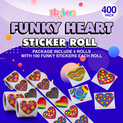 Playbees Funky Heart Stickers for Kids - 400 Pack of Rainbow Heart Themed Designs - Valentine’s Day Kids Educational Arts and Crafts, Scrapbooking, Teacher Awards, Classroom Prize, Encouragement