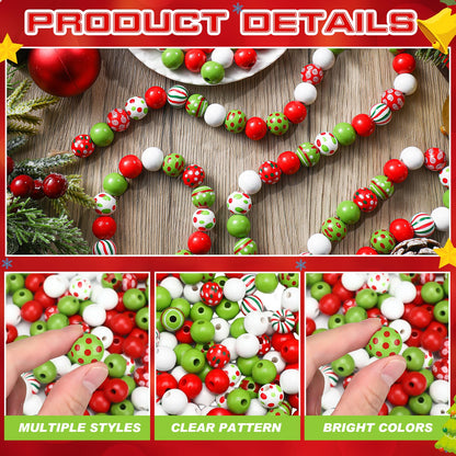240 Pcs Christmas Wooden Beads Bulk for Crafts, Red and Lime Green Round Spacer Polka Dot Peppermint Swirl Beads for Jewelry Making DIY Garland Pen Holiday Xmas Tree Decor Ornament, 16mm, 9 Styles