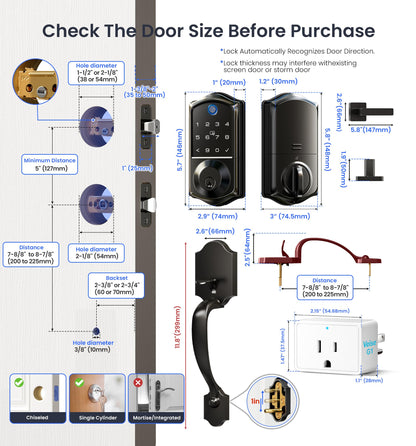 Veise VE017G-H Wi-Fi Smart Fingerprint Front Door Lock Set, Remote App Control, Keyless Entry Deadbolt with Handle, Backlit Keypad, IP55 Weatherproof, Auto Lock, Easy to Install, Matte Black