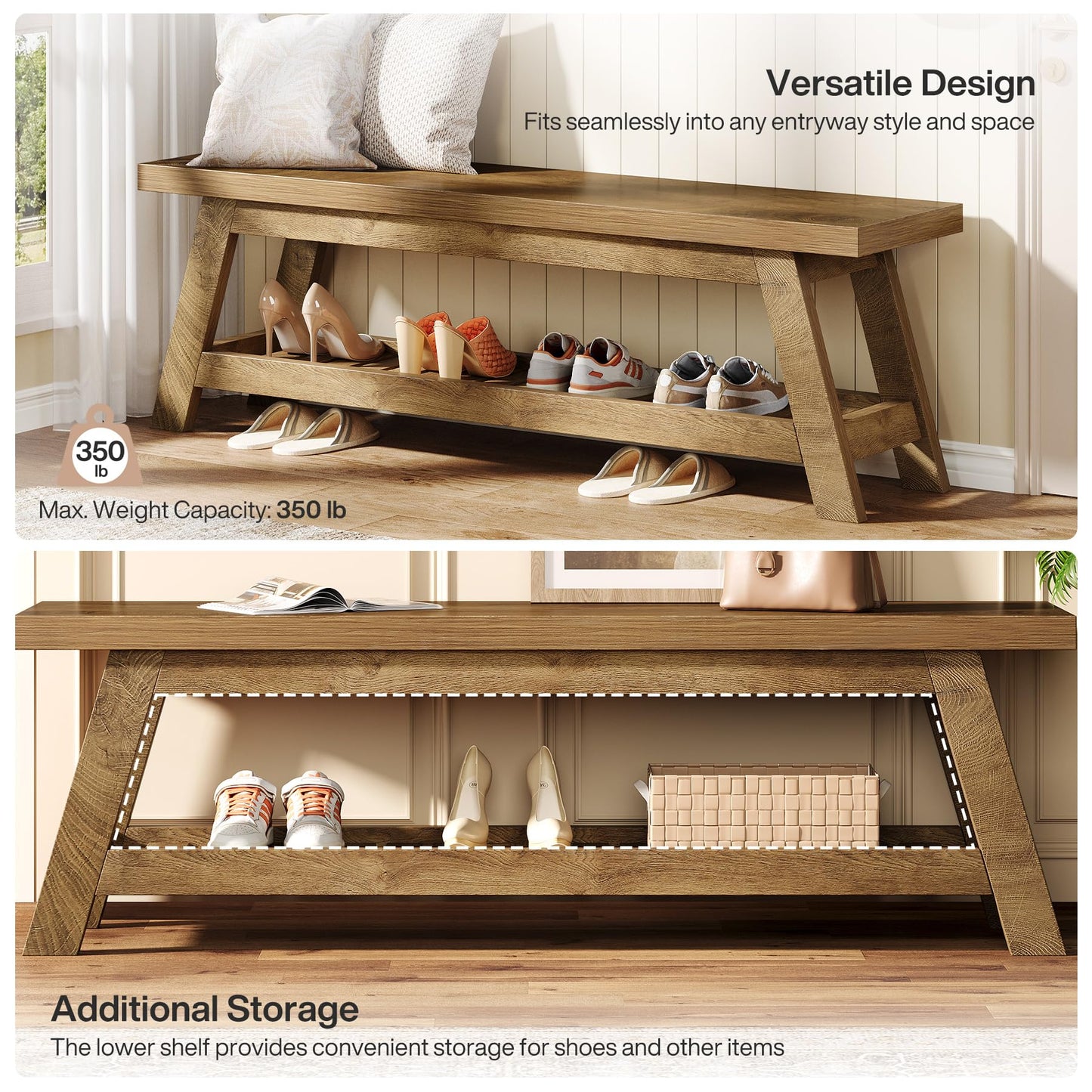 Tribesigns 55" Wood Entryway Bench with Shoe Storage, Large 2-Tier Narrow Hallway Foyer Seating Bench with Open Shelves for Entryway, Bedroom, Mudroom