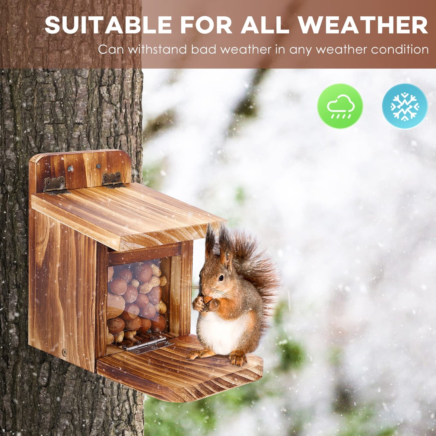 MIXXIDEA 2 PK Wooden Squirrel Feeder Box, Sturdy Squirrel Feeding House with Thickness 1.5CM Wood, No Assembly Required, for Backyard Outside Garden