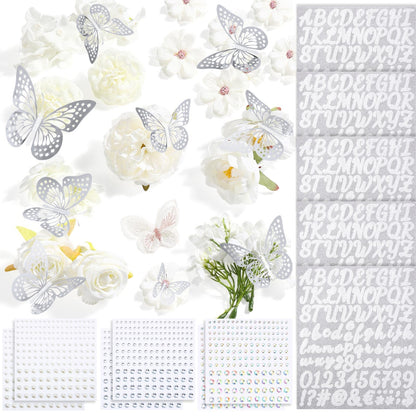 Hoteam DIY Graduation Cap Decorations Kit Included Faux Flowers 3D Butterfly Self Adhesive Rhinestones Glitter Alphabet Letter Stickers for 2026 Grad Cap Topper Party Gifts Decor(White)
