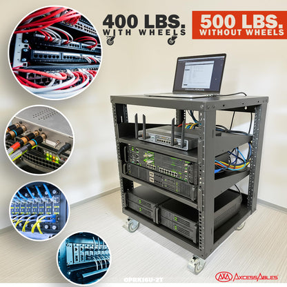 AxcessAbles 12U Open Frame Network & AV Rack with Caster Wheels, Two 2U Shelves, 10-32 & Cage Nut Compatible Rails, Cage Nuts, Screws, Cage Nut Tool & Wall Mount Kit | 19-Inch Rack