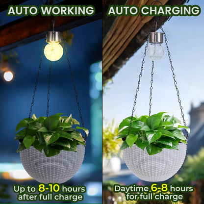 ZUIAOYIBOU Hanging Pots for Plants Outdoor - 2 Pack White Artificial Rattan Solar Flower Baskets with Drainage Holes & Removable Tray, Garden Gifts for Women/Mothers, Porch, Balcony Decor