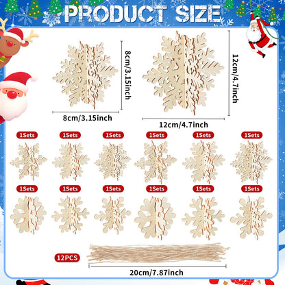Chunful 48 Pcs Wooden Snowflake Ornaments DIY 3D Winter Snowflake for Crafts Bulk 24 Sets Unfinished Hanging Snowflakes Ornaments with Cord for Winter Party Decoration