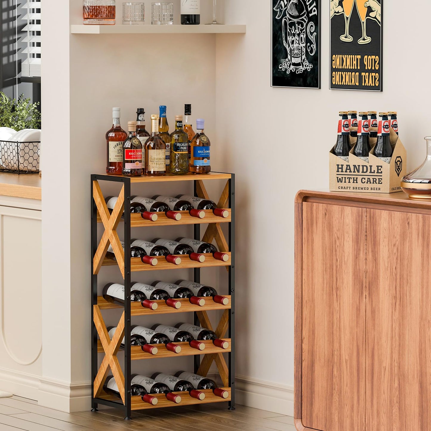 LUMAMU 20 Bottle Wine Rack Freestanding Floor with Wood Top,Wobble-Free 5 Tier Wine Display Storage Stand Shelf,Stackable Modular Wine Bottle Holder Rack for Kitchen,Cellar,Living Room