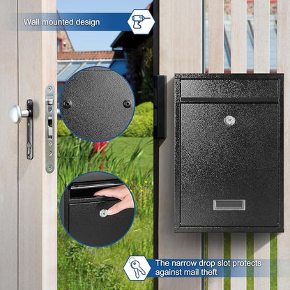 KYODOLED Mailbox for Outside, Wall Mount Locking Mailbox, Security Drop Box with Key Lock for Letters, Cash, Cards, Steel Mail Box for House Office School, 12.4H x 8.54L x 3.35W Inches, Black