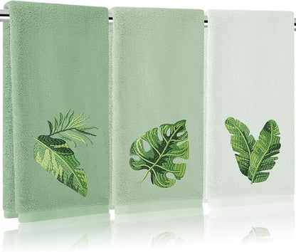 3Pcs Sage Green Gradient Hand Towels Tropical Palm Leaves Embroidered Cotton