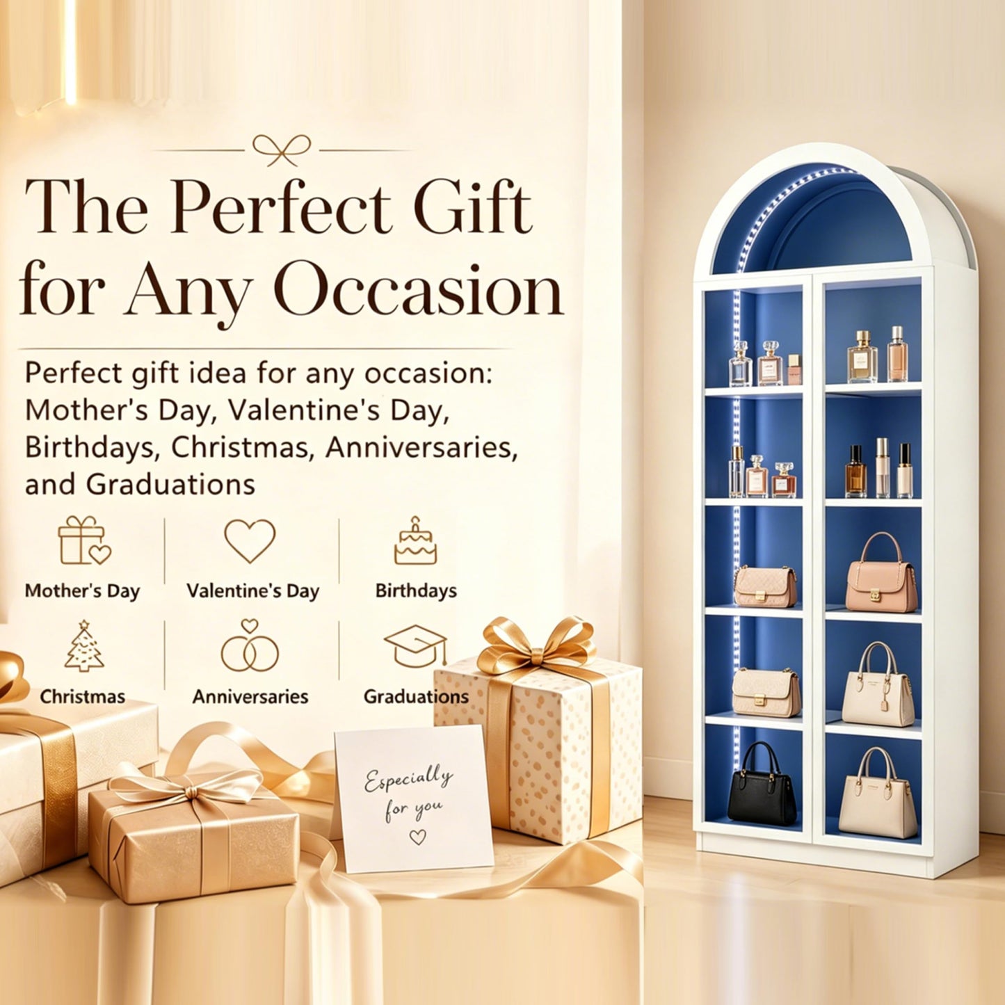 Wildhome Wooden Curio Cabinet with Acrylic Glass Door,77" Tall Arch Display Cabinet & Perfume Organizer with LED Light,Showcase for Collections, Perfume,Vinyl Albums, Bookcase(Arched top-White, Large)