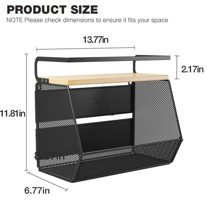 Magnetic Shelf for Fridge with Wide & Thick Magnet, 1 Pack Refrigerator Organizer Basket with Bamboo Top, Storage for Fruit, Potato, Onion, Kitchen, Pantry, Laundry (Black, 13.8" x 6.8" x 11.8")