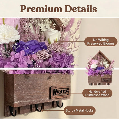 EIGHTOWN Purple Floral Wall Hooks, Farmhouse Wooden House Shape Key Holder with 3 Hooks, Artificial Soap & Dried Flower Decorative Hanger for Entryway, Living Room, Home Decor (Purple)