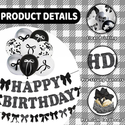 Black Bow Birthday Party Decorations Set - Cute Backdrop Banner, Hanging Banners, Balloons, Cake & Cupcake Toppers, Princess Theme Party Supplies Kit for Girls, Kids, Baby Shower