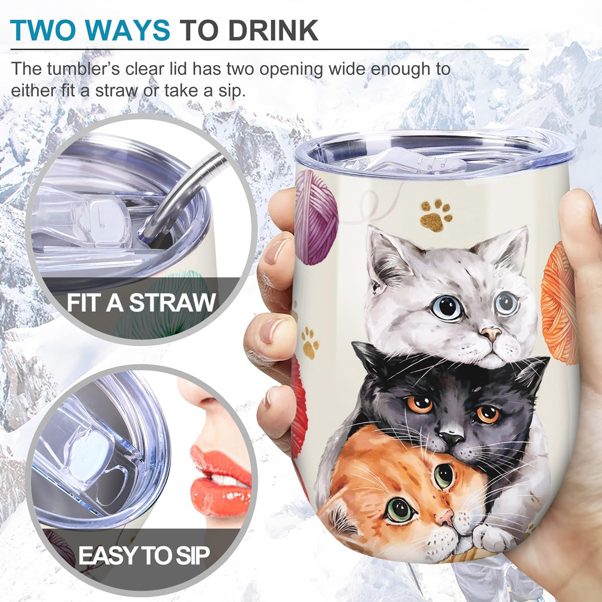 NymphFable 12oz Cat Cup Wine Tumbler With Straw and Lid Stainless Steel Travel Mug Insulated Double Wall