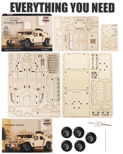 MOCBURIKU 3D Wooden Puzzles Model Car Kits to Build for Adults, DIY Off-Road Cars Building Kits, Brain Teaser Pull Back Toys, Gift for Men Boys on Birthday/Christmas Day (Off-Road Car)