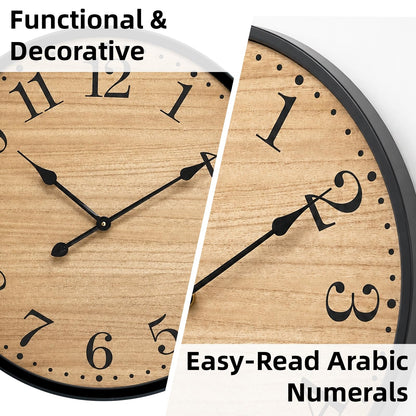 UPPER DECOR Rustic Farmhouse Wall Clocks for Living Room Decor, Large 24 inch Wall Clock with Dark Brown Wooden Face and Black Metal Frame, Silent Battery Operated for Kitchen Bedroom Entryway