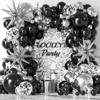 137Pcs Black and Silver Balloons Garland Arch Kit with Stars - 5 10 12 18 inch Black Silver Confetti Latex Party Balloons for 2025 Graduation Retirement Birthday Anniversary