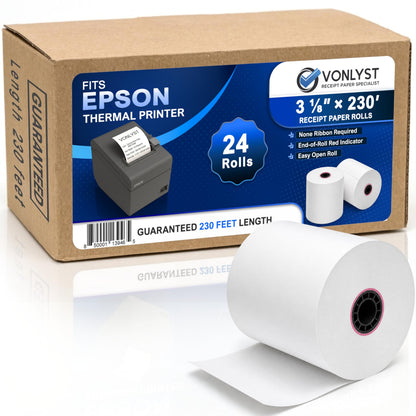 3 1/8 x 230 Thermal POS Rolls for Epson Printers, BPA Free Thermal Printing Compatible with TM-T88 TM-T70 TM-T80 TM-T85 TM-H6000 T90 Series, Credit Card Machine & POS Printer Supplies, Pack of 24