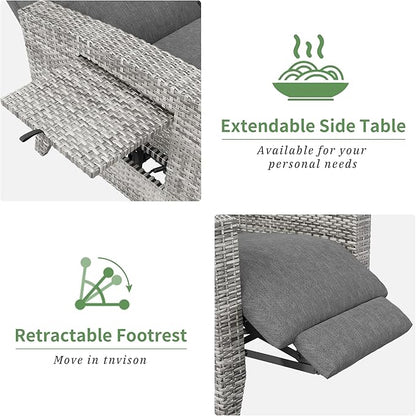 IDEALHOUSE Wicker Outdoor Recliner Reclining Patio Chairs with Adjustable Back & Footrest 150° Lay-Flat Reclining with Air Pump Rattan Flip-Up Side Table Outdoor Lounge Chairs for Pool Deck Balcony