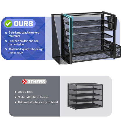 Simple Trending 6 Tier Desk File Organizer, Paper Letter Tray Organizer with File Holder and Pen Container, Black