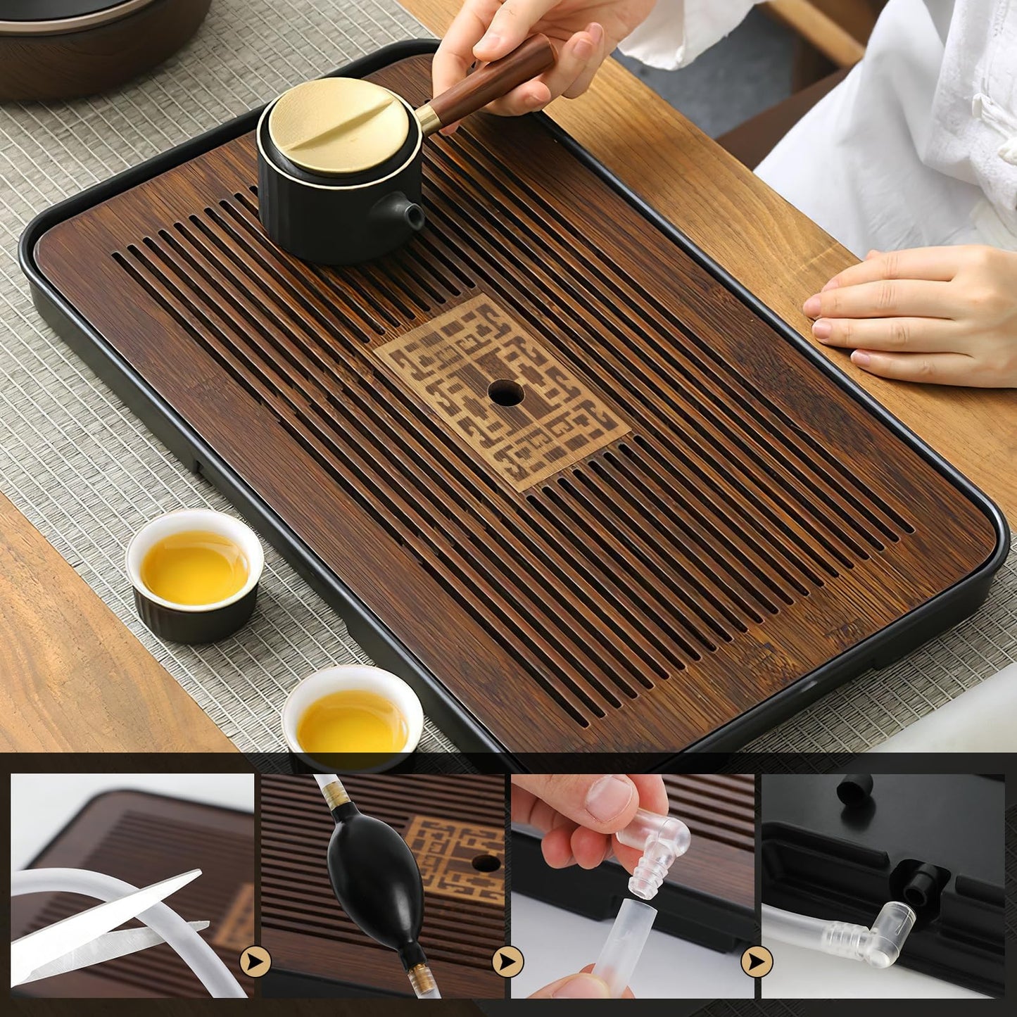 Jotsport 17 Inch Bamboo Chinese Gongfu Tea Tray with Water Storage Drainage for Kung Fu Tea Set, (Large, Black)