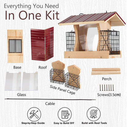 XL Hopper Bird Feeder for Outside - DIY Birdfeeder Kits for Adults to Build - Ranch Feeder W/Suet Cages - Heavy Duty 3/4" Red Cedar - Longtime Durability - 10 Lbs Compacity, 13" Size
