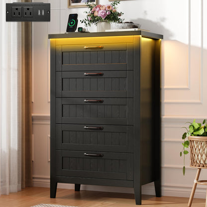 GarveeHome Farmhouse Tall 5 Drawer Dresser with Charging Station & LED Lights, Slim Wooden Bedroom Dresser, Rustic Chest of Drawers Clothes Storage Organizer for Closet Dorm Apartments, Black