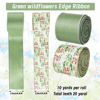 2 Roll 20 Yards Sage Green Floral Wired Edge Ribbon Watercolor Greenery Floral Fabric Ribbon for Spring Summer Wreath Bow Making DIY Crafts Wrapping Party.