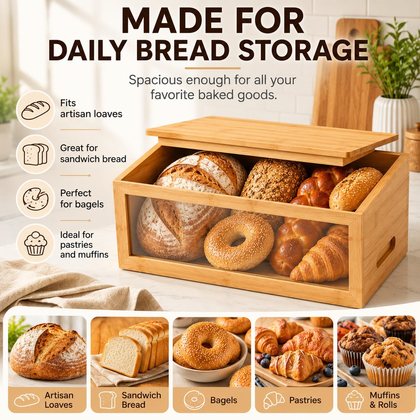 Inspera Bamboo Bread Box with Cutting Board Lid – Large Wooden Kitchen Countertop Storage Bin for Loaves and Pastries – Clear Acrylic Window Display – 15.4 x 9.9 Inch