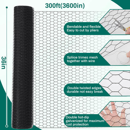 GlikCeil 36 in x 300 ft Chicken Wire Mesh Fencing for Floral Garden, 23 Gauge Black Galvanized Steel Wire, 1 Inch Hexagonal Hardware Cloth Netting for Farm Crafts Poultry Coop Barrier Rabbit Cage