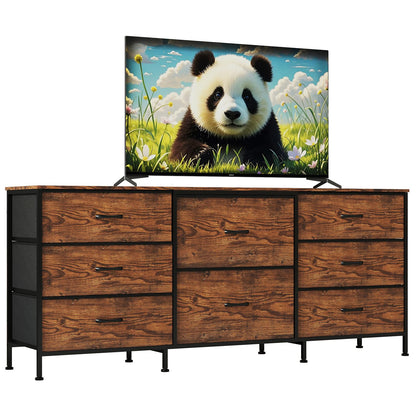 Garvee 8 Drawer Fabric Dresser TV Stand with Wooden Top, Metal Frame Storage Chest, Wide Closet Organizer for Bedroom Living Room Hallway, Natural Wood, 62.99 x 26.77 x 13.79 Inches