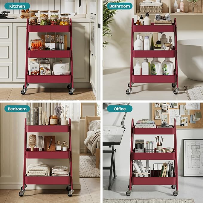 NEWBULIG 3-Tier Metal Rolling Cart with Lockable Wheels, Heavy Duty Mobile Utility Storage Shelf, Roller Book Snack Cart, Organization for Livingroom, Bathroom, Office, Red