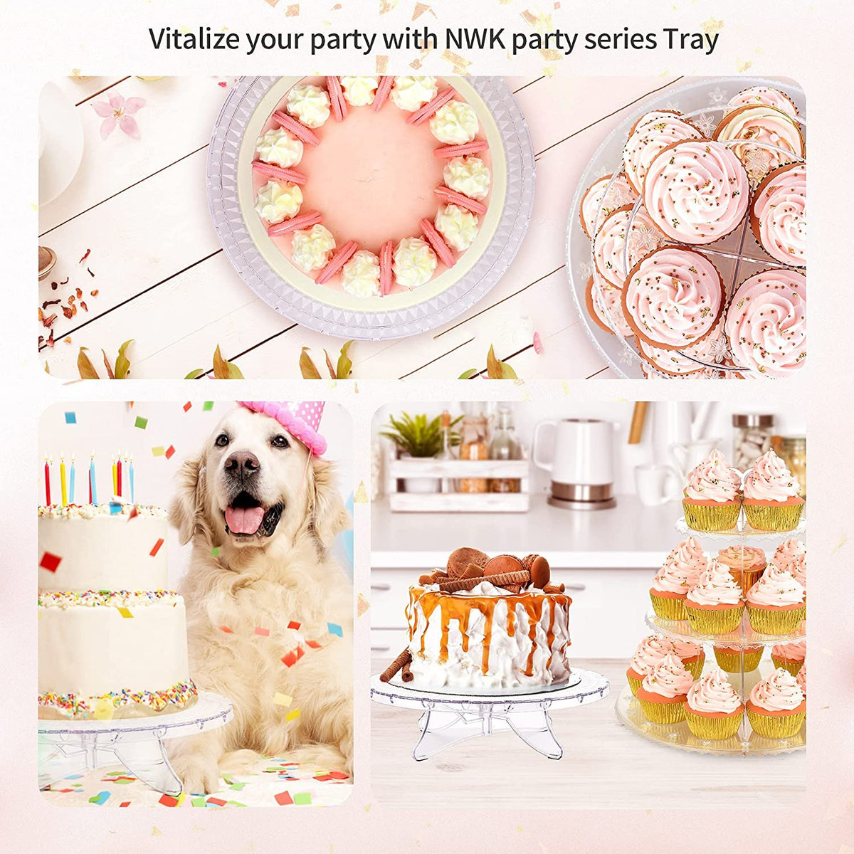 NWK 12inch Lighted Clear Cake Stand Plate Holder with String Lights Fit for 6inch, 8 inch, 10 inch, 12 inch Cakes for Wedding Birthday Cake Decorations