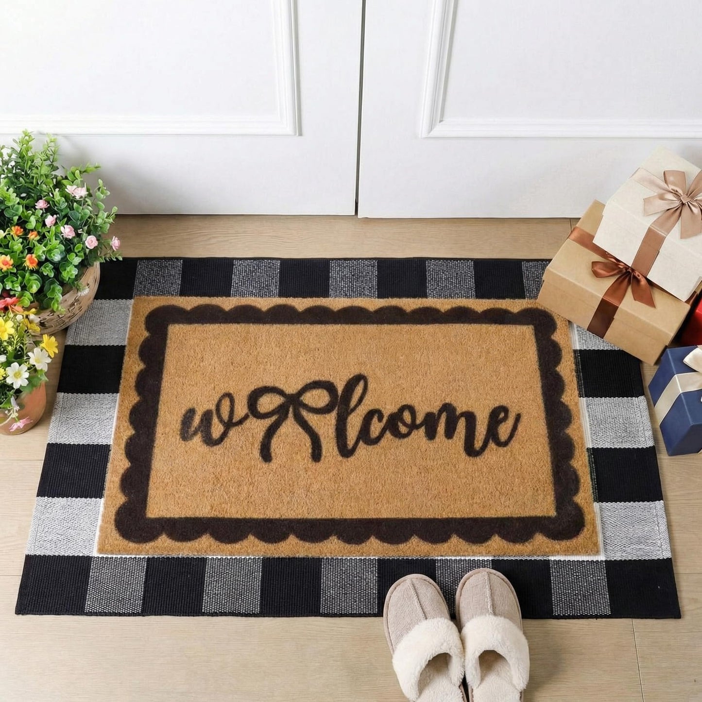 Klyyo Clyro 2 Pcs Bow Welcome Front Door Mats Combo Set Coco Coir Welcome Doormat 27.5''x43'' Layered Buffalo Black White Striped Rug Extra Thick Nonslip Backing for Outdoor Porch Entryway Decor