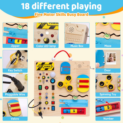 GNAYUIJ Wooden Busy Board Montessori Toy for Toddlers,Educational Learning Toy for 1 2 3 Year Boys & Girls,Sensory Activity Board with LED Light & Music Boxes, Travel Toys for Kids Birthday Gift