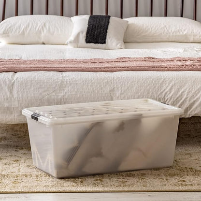 IRIS USA 91 Qt Stackable Plastic Storage Bins with Lids, 4 Pack - BPA-Free, Discreet Organizing Solution, Latches, Durable Nestable Containers, Secure Pull Handle, Made in USA - Pearl