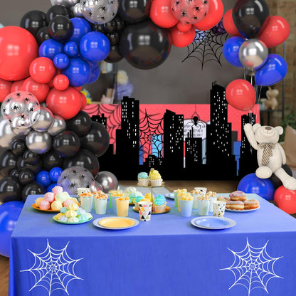 Amandir 153pcs Black Red Blue Balloon Arch Garland Kit, Different Sizes 18 12 10 5 inch Red Blue Sliver Spider Balloons for Boys Spider Theme Birthday Party Decorations