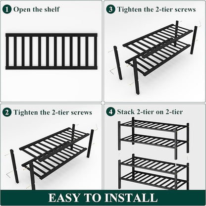 Smiry Bamboo Shoe Rack, 4 Tier Free Standing Wooden Shoe Organizer, Stackable Wood Shoe Storage Shelf for Closet, Entryway, 12 Vertical Slats, 2+2 Stack Standard Legs, 26.8"x11"x26", Black