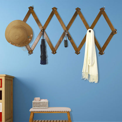 Dseap Accordian Wall Hanger: 16” High Wooden Wall Expandable Coat Rack, Hat Rack Holder, Accordion Hook for Baseball Caps, Coats, Mugs, 13 Peg Hooks, Brown