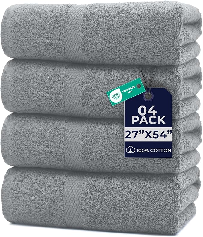 DAN RIVER Bath Towels Set of 4, 27 x 54 Inches, 100% Cotton, Larger & Lighter