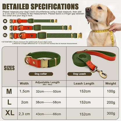 Nylon Dog Leash and Collar Set with Metal Quick Release Buckle, Adjustable, Durable High-Density Fabric, Breathable, Soft and Comfortable, No Pull for Walking and Training, Green, XL (16.9"-26")