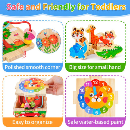 KMTJT Wooden Activity Cube Toddler Toys 12-18 Months, 7-in-1 Montessori Learning Toys for 1 2 Year Old Boys Girls, Bead Maze Sensory Toy, First 1st Birthday Gifts with Sorting & Stacking Board (Pink)