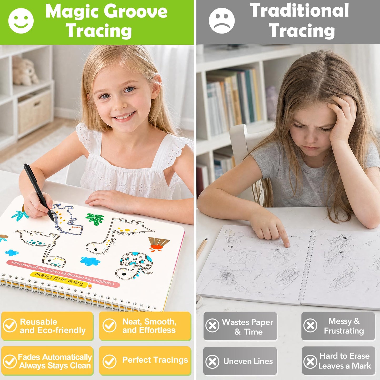 Magic Grooved Writing Practice for Kids Age 3-5, Reusable Grooved Handwriting Practice Kindergarten Workbooks for Kids Ages 3-8, Preschool Learning Activities, Tracing Books Gifts for Boys Girls