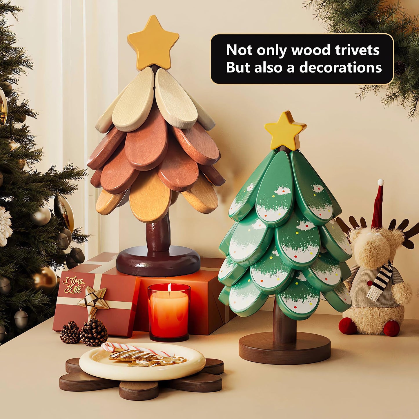 Wooden Trivets for Hot Dishes, Tree Shape Trivet Set, 4 Natural Solid Wood + 1 Stand stored Like a Christmas Tree,Foldable Kitchen Wooden Trivet for Pot Bowl Teapot Hot Pot Holder (Wood)