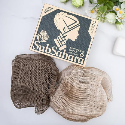 SubSahara Authentic African Net Sponge - 2 Pack Exfoliating Bath & Shower Loofah Sponge for Body & Face, Gentle Scrubber for All Skin Types, Travel, Durable (Linen & Brown)