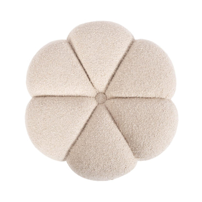 Kate and Laurel Lucida Round Upholstered Ottoman with Mango Wood Base, 16 x 16 x 18, Soft White and Dark Brown, Modern Scalloped Boucle Ottoman Foot Rest for Apartment or Living Room Decor