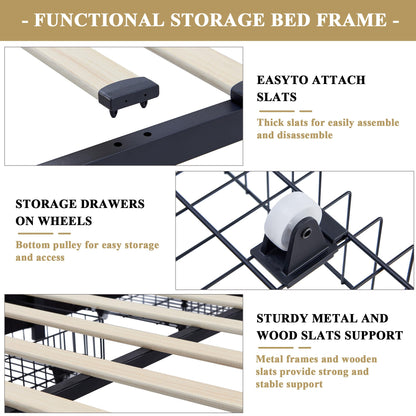 VECELO Queen Size Upholstered Platform Bed Frame with 4 Storage Drawers, Adjustable Velvet Rivets Headboard, Wooden Slats Support, No Box Spring Needed, Easy Assembly