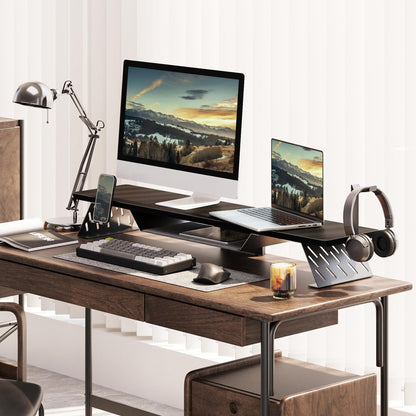 Fenge Dual Monitor Stand, 42.5 Inch Monitor Riser for Desk, Wood Desk Shelf for 2 Monitors, 2 Tier Monitor Shelf with Headphone Stand & Phone Holder