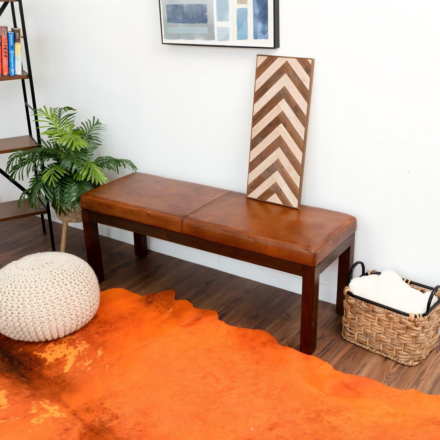 GDFStudio Mid-Century Modern Entry Bench, Tan Genuine Leather Rectangle Ottoman with Solid Wood Legs, Upholstered Dining Room Bench for Bedroom Living Room Hallway Indoor Home Furniture, Brown