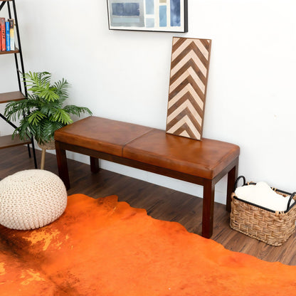 GDFStudio Mid-Century Modern Entry Bench, Tan Genuine Leather Rectangle Ottoman with Solid Wood Legs, Upholstered Dining Room Bench for Bedroom Living Room Hallway Indoor Home Furniture, Brown